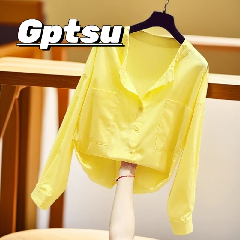 GPTSu黄色休闲圆领衬衫女长袖贴袋单排扣韩版时尚百搭薄款衬衣女