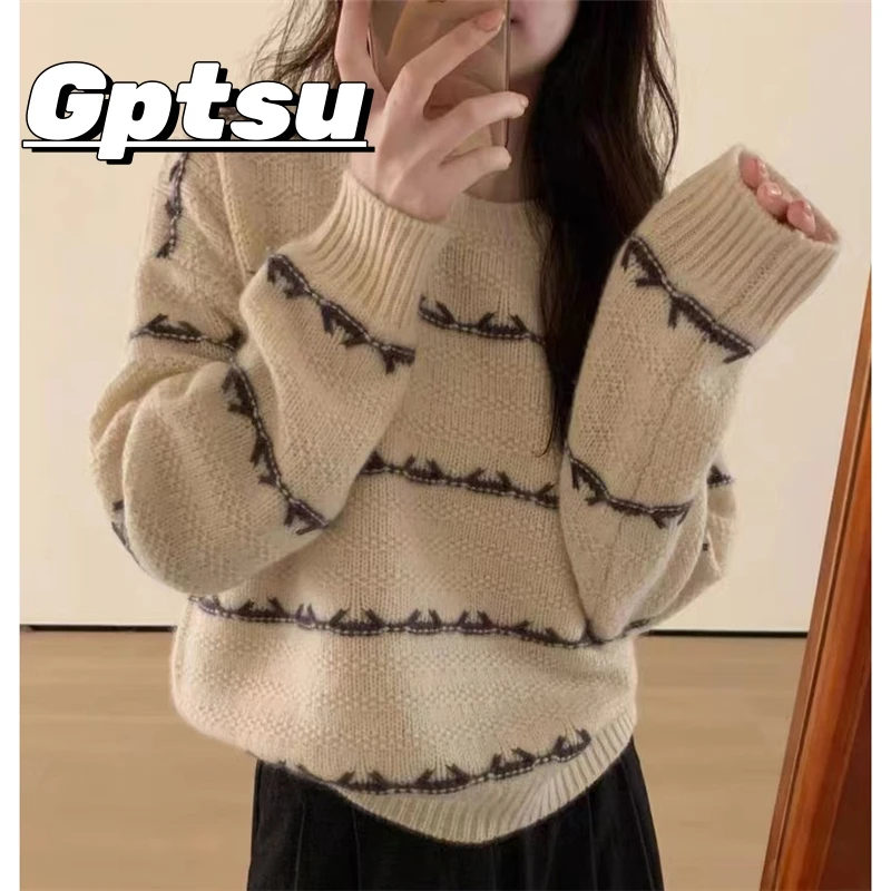GPTSu套头圆领条纹毛衣女秋冬2025新款休闲宽松慵懒风针织衫上衣