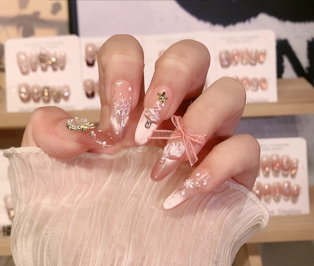 雪圣诞 手工猫眼美甲立体浮雕光疗穿戴高级设计猫眼豹纹