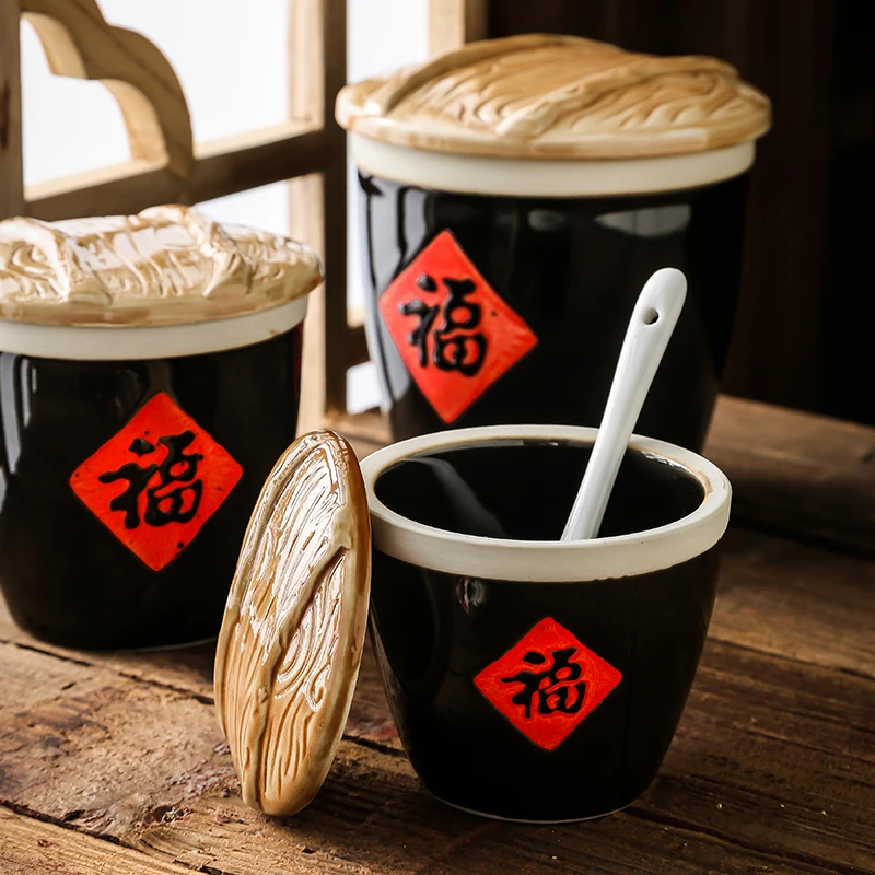 中式复古猪油罐家用陶瓷带盖调味辣椒油罐子罐创意家用大号猪油罐