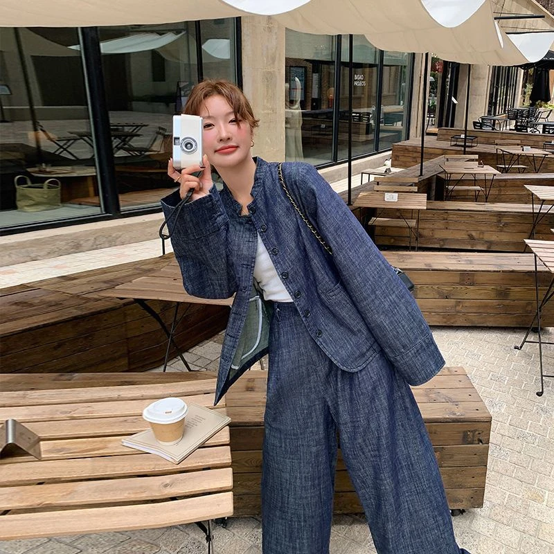 2025时尚复古牛仔套装女秋季新爆款慵懒风外套休闲阔腿裤两件套潮