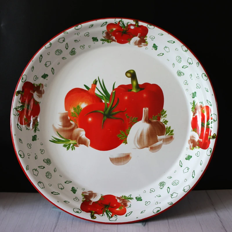 加厚红番茄老式怀旧60搪瓷茶盘大盘鸡盘7080年代菜盘水果复古托盘