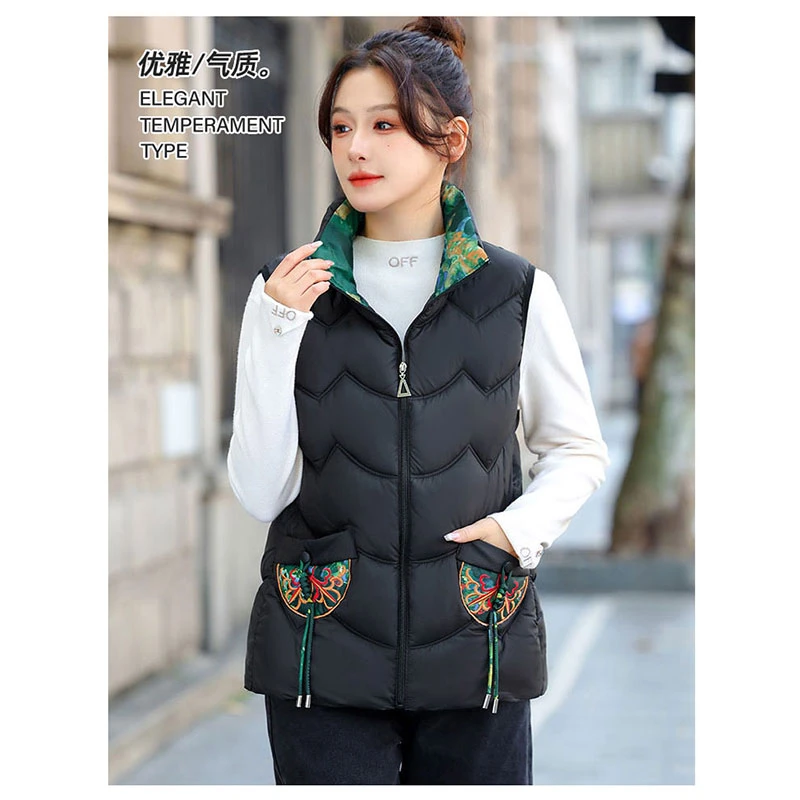 棉马夹女秋冬保暖防寒国风小坎肩休闲百搭时尚小香风立领拉链马甲