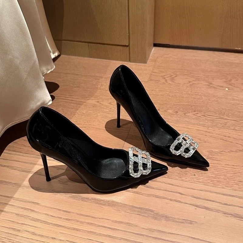 水钻b扣黑色浅口高跟鞋女尖头气质女鞋2024年百搭性感细跟单鞋