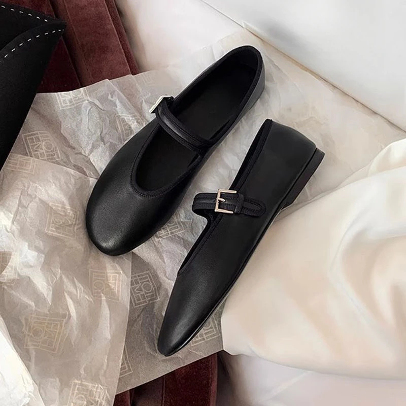 【茵茵家】圆头Row风一字扣带真皮软底浅口玛丽珍单鞋女奶奶鞋新款