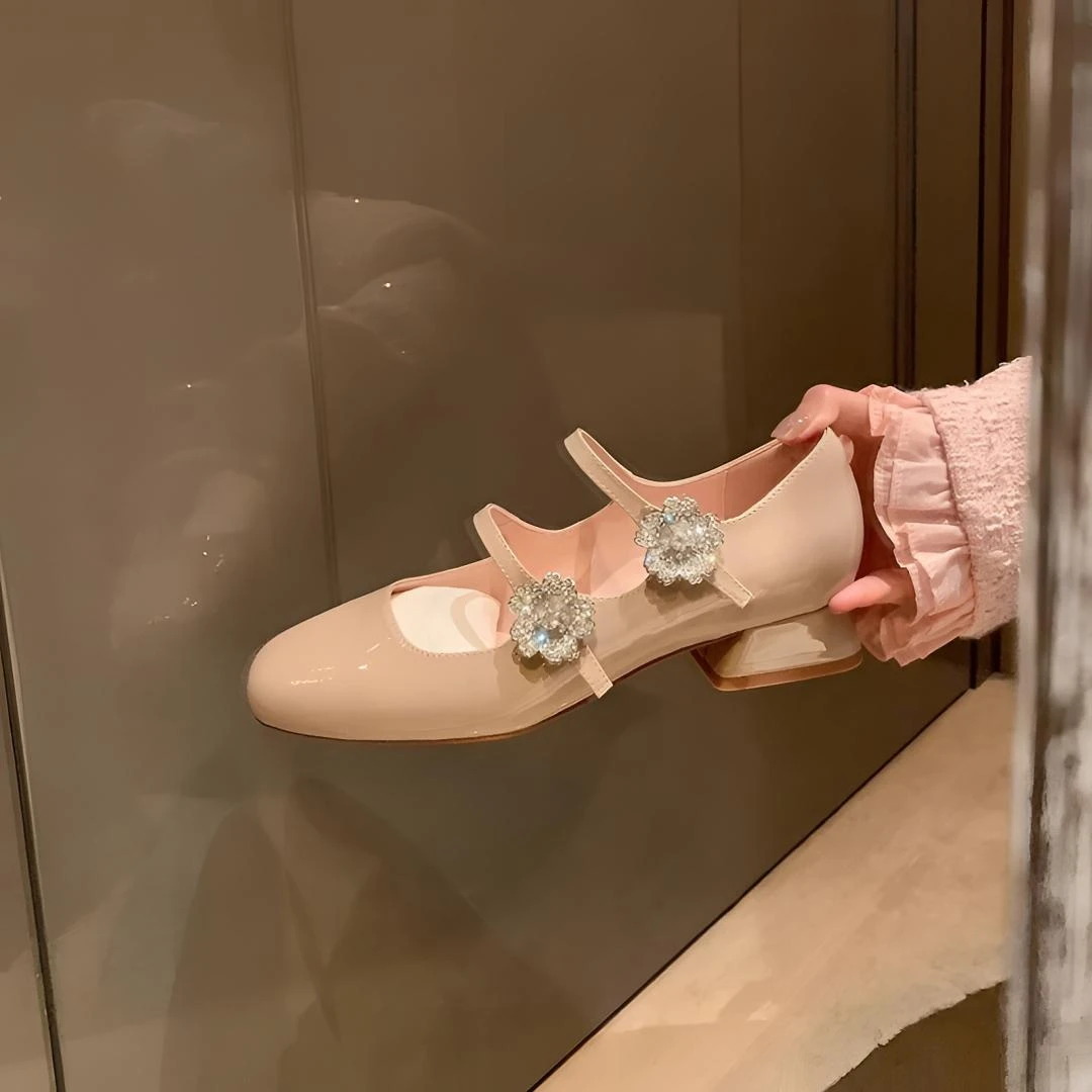 【茵茵家】在逃公主~法式方头水钻花钻粗跟玛丽珍单鞋女婚鞋夏新款