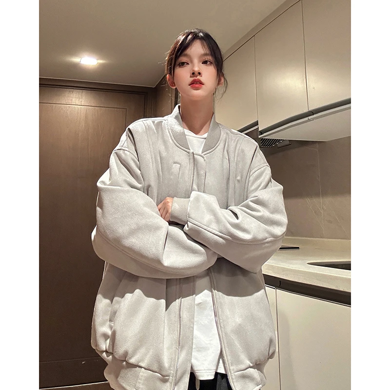 麂皮绒棒球服夹克男秋冬季vibe韩版拼接上衣oversize情侣潮牌外套