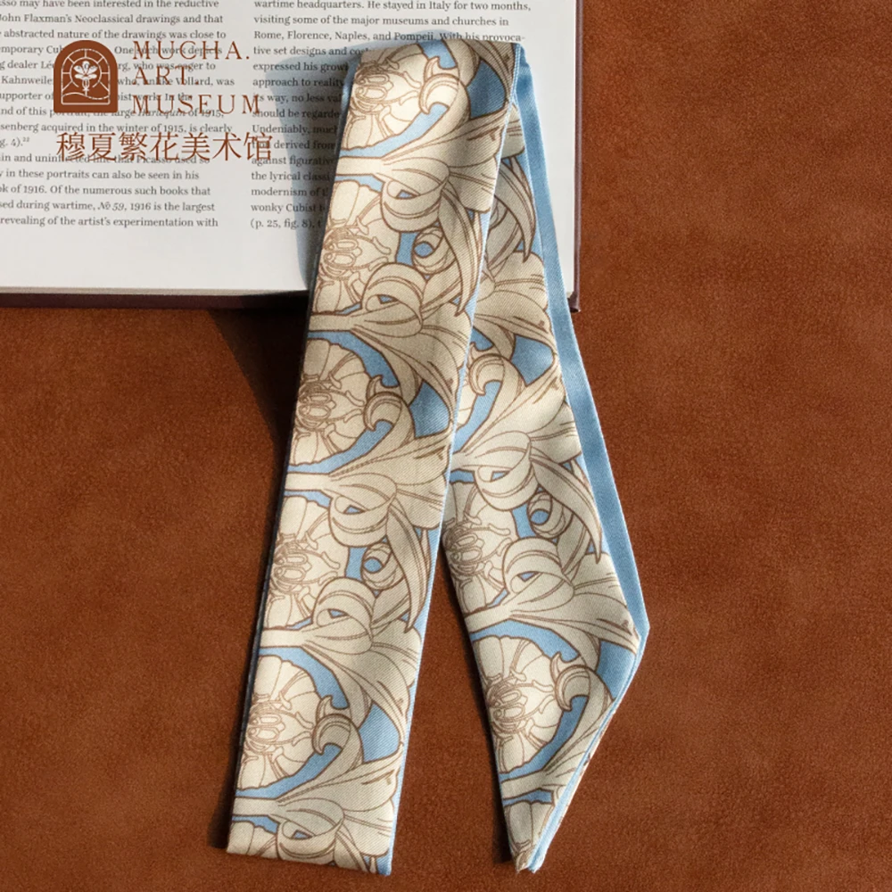 穆夏繁花美术馆文创新款桑蚕丝长条丝巾发带女扎发绑包生日礼物