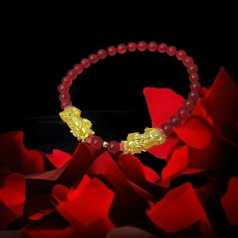 【安总专属】足金24K黄金金珠柿子红玛瑙双貔貅手串（标配证书）G46