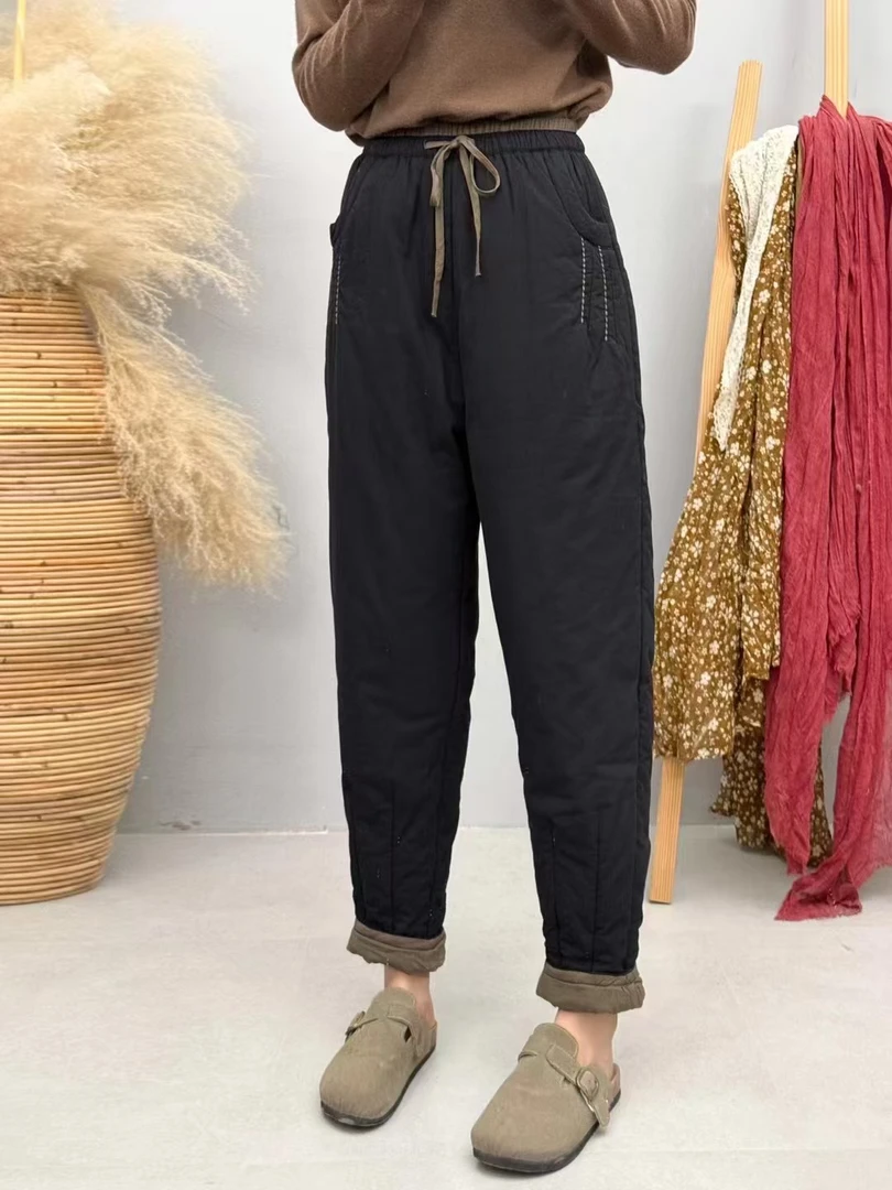 2025新款夹棉加厚保暖哈伦裤棉裤女冬款外穿高腰减龄拼色棉裤