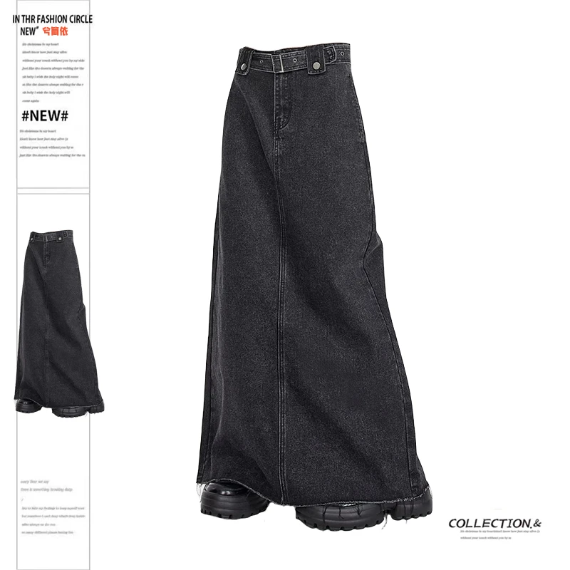 黑色直筒牛仔半身裙女春秋大码胖mm高腰中长款包臀裙复古遮胯裙子