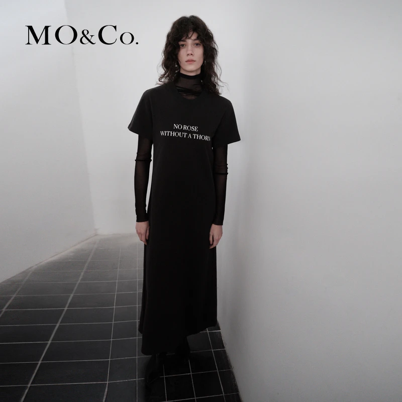 MOCO春个性标语宽松A字长款短袖T恤裙连衣裙MBD1DRST08