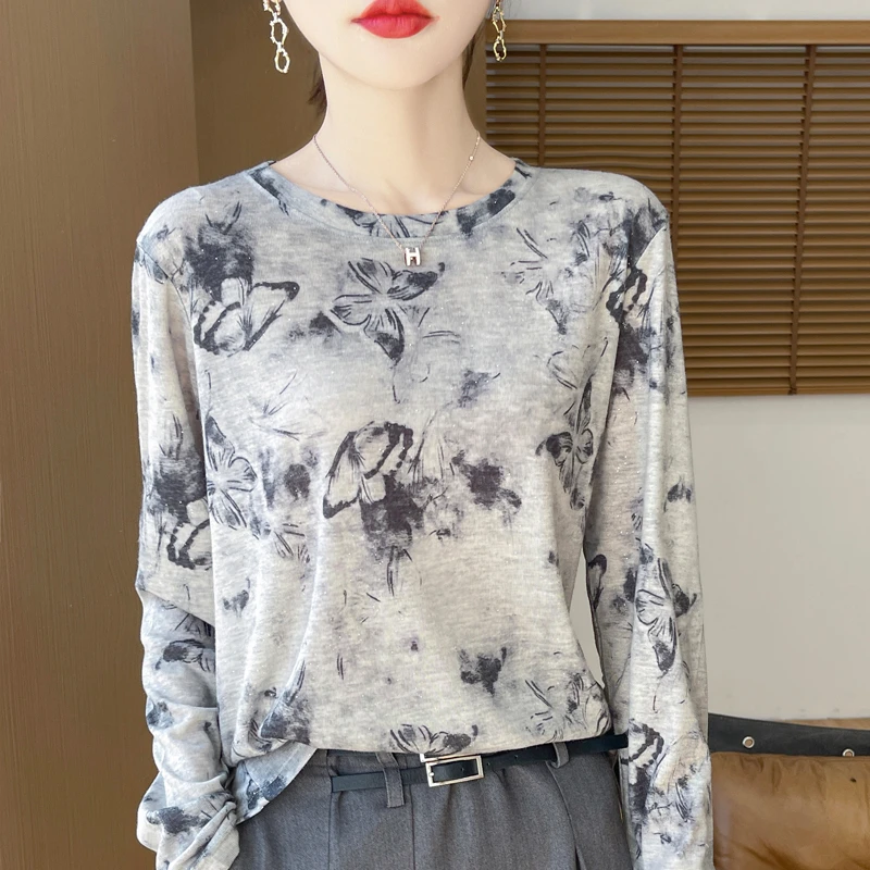 新款莱赛尔天丝洋气设计感复古水墨画印花上衣宽松百搭圆领长袖