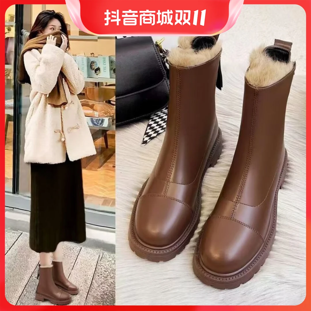 丽路雅冬季加绒加厚保暖雪地靴百搭粗跟厚底软皮短靴皮毛一体女士