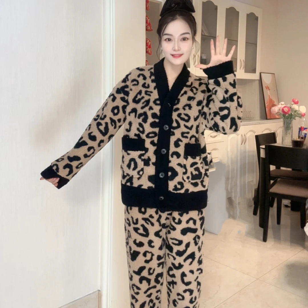 秋冬季睡衣女半边绒加厚豹纹保暖套装甜美网红可外穿家居服