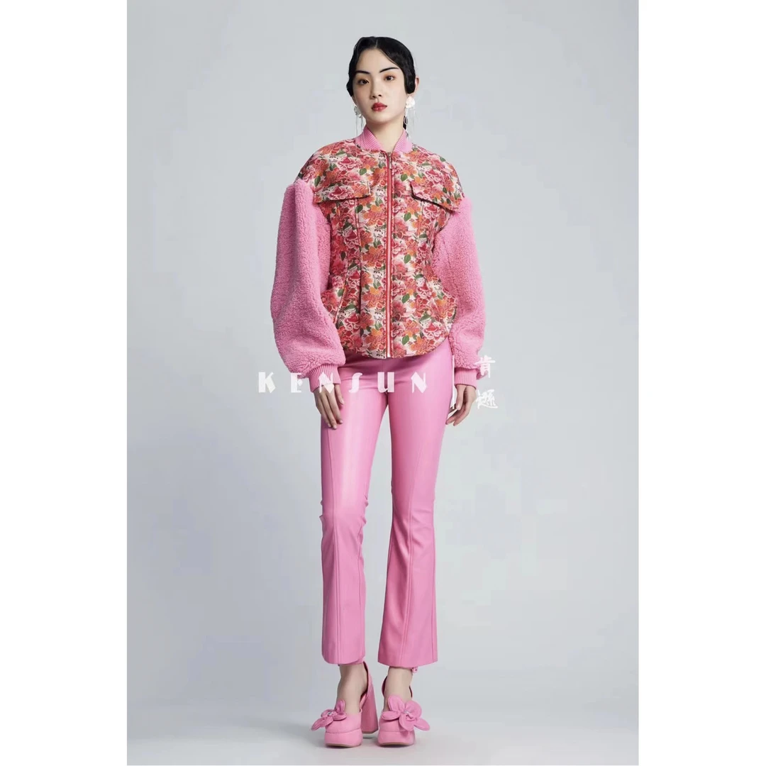 肯逊KENSUN蛋白皮微喇显瘦粉色长裤 K3C7DK649