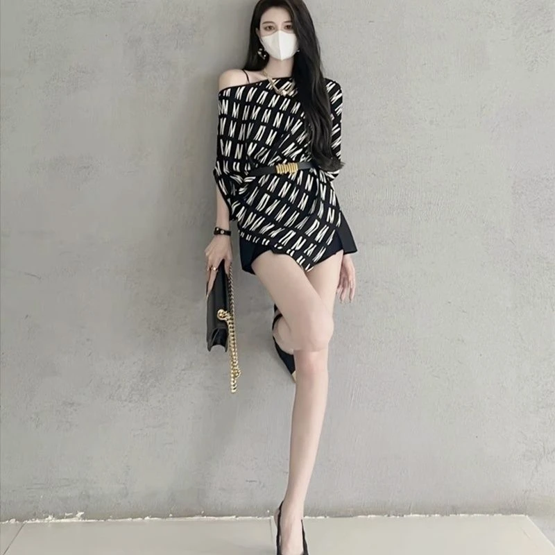 YFNZ一字领上衣女欧货2023夏季新款御姐风气质字母不规则收腰显瘦