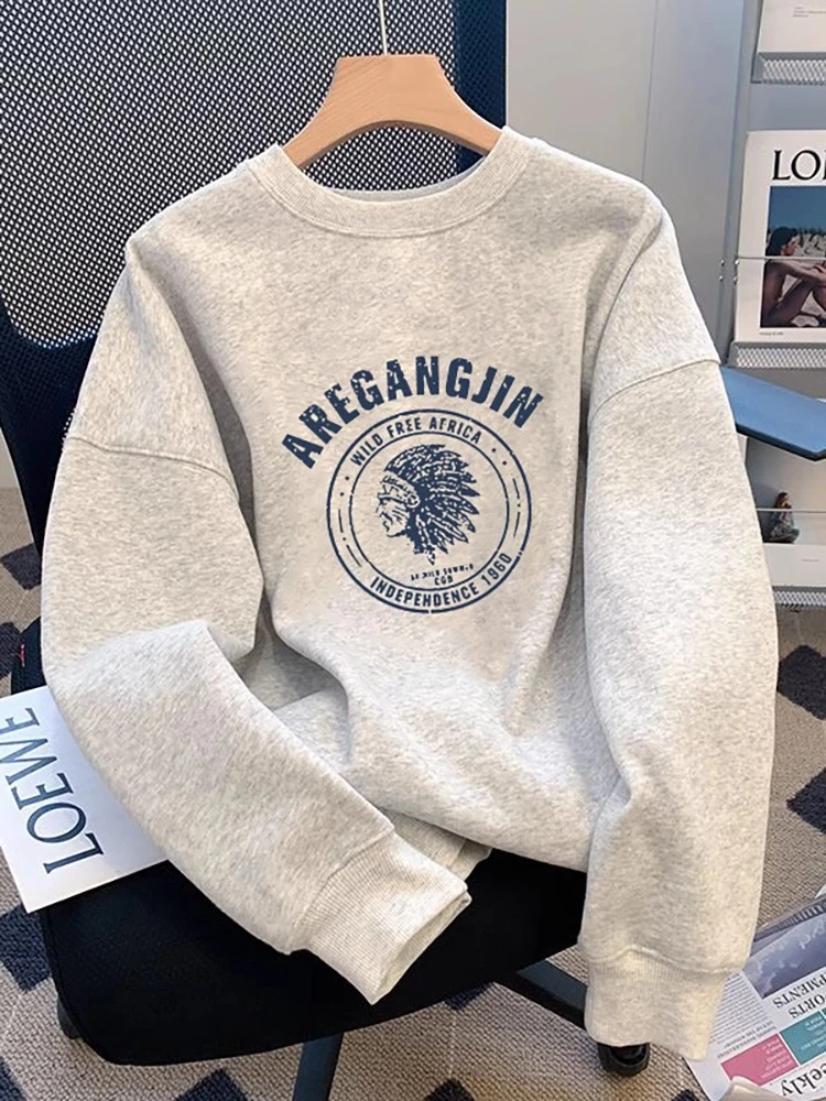 特大码300斤美式时尚卫衣男女2024情侣加绒印花圆领休闲套头上衣