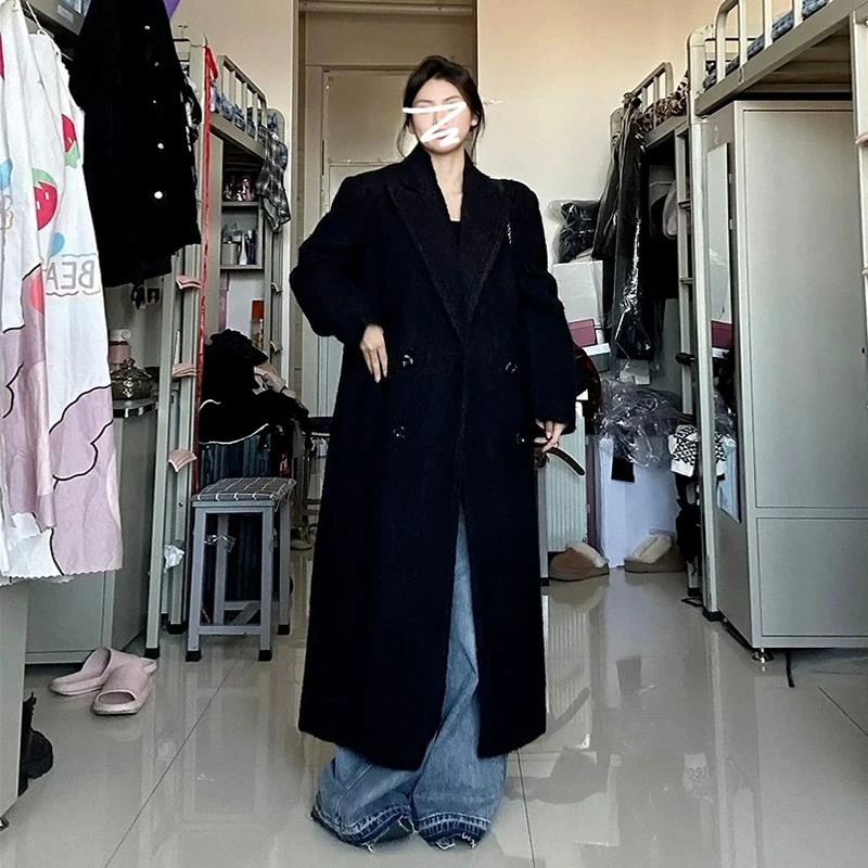 黑色羊绒大衣女中长款2024年冬季新款加绒内胆赫本风正肩毛呢外套