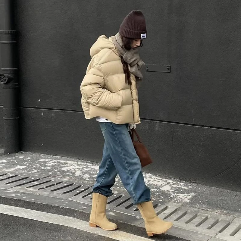 卡其色短款羽绒服女2024冬季新款小个子泡芙加厚保暖白鸭绒短外套