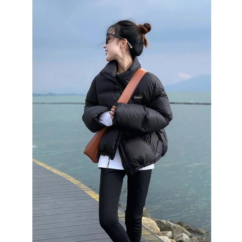 黑色短款羽绒服女2025冬新款小个子韩版加厚立领白鸭绒面包服外套