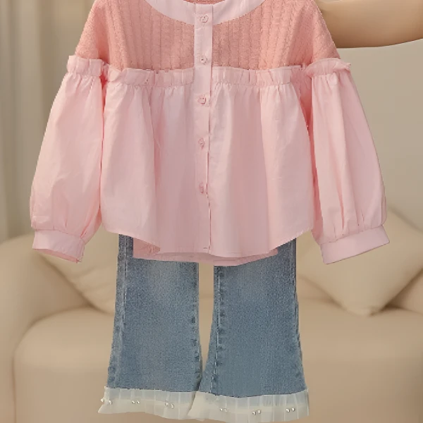 2024新款秋季粉色拼接衫衬衣女童洋气秋冬时尚百搭牛仔裤
