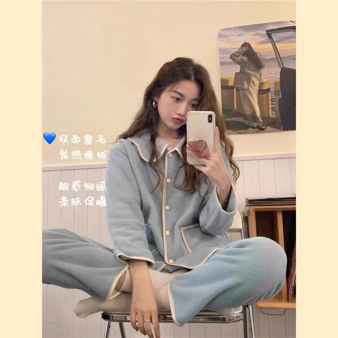 德绒睡衣女奶蓝色秋冬季2023新款大码200斤开衫ins甜美家居服套装