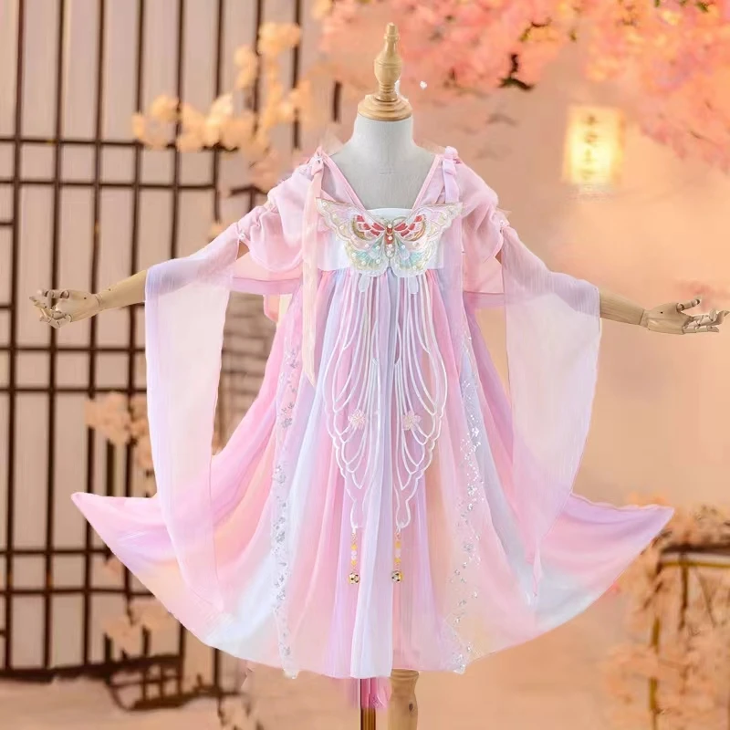 儿童夏季汉服襦裙女童连衣裙超仙古风公主唐装洋气小女孩表演服