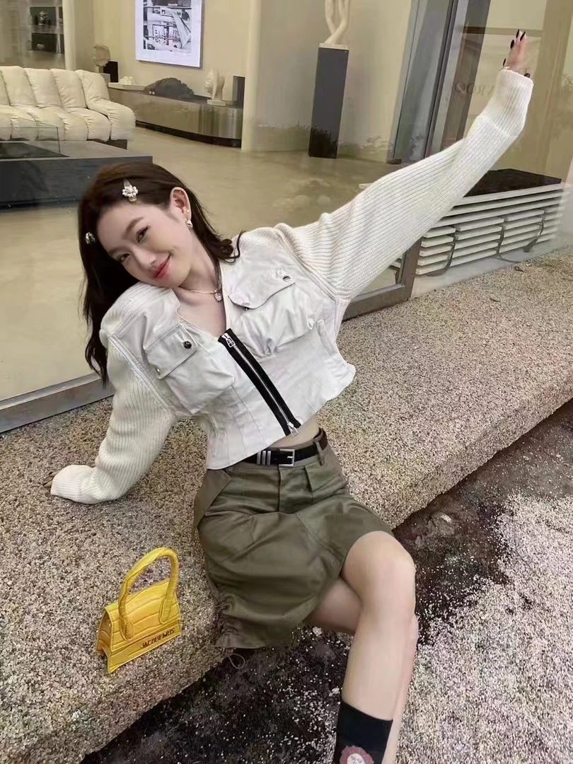欧货女装原创不撞衫拼接工装个性针织拼接开衫