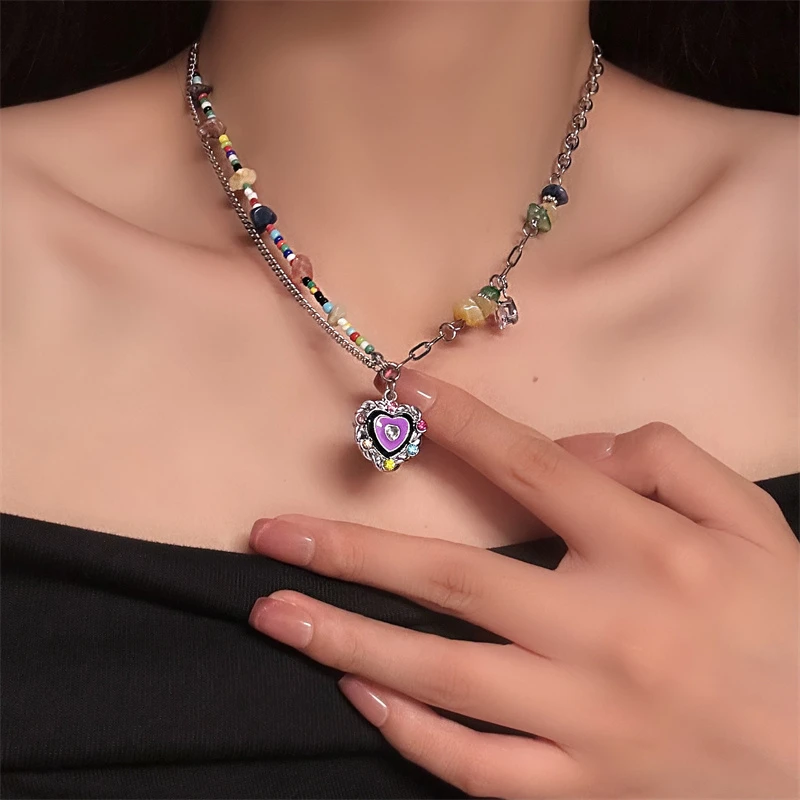 合金亚克力项链 X1013-2 甜美彩色爱心气质轻奢小众ins拼接设计感