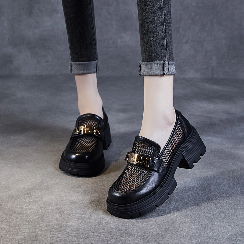 网面厚底乐福鞋女2025年新款夏季真皮透气网纱小皮鞋一脚蹬单鞋子