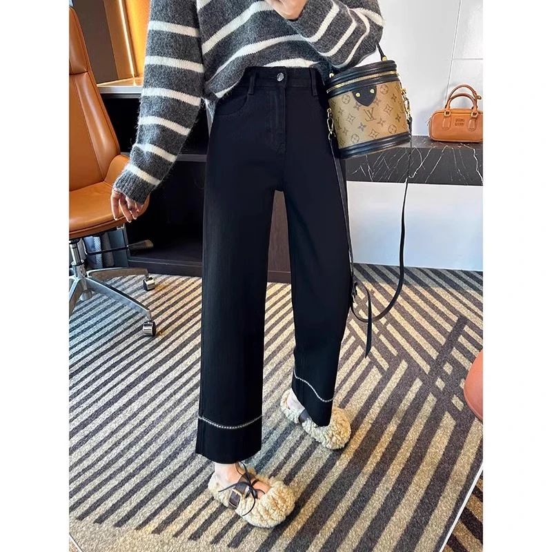 黑色加绒牛仔裤女刺绣小个子九分直筒裤梨型身材弹力遮肉显瘦秋冬