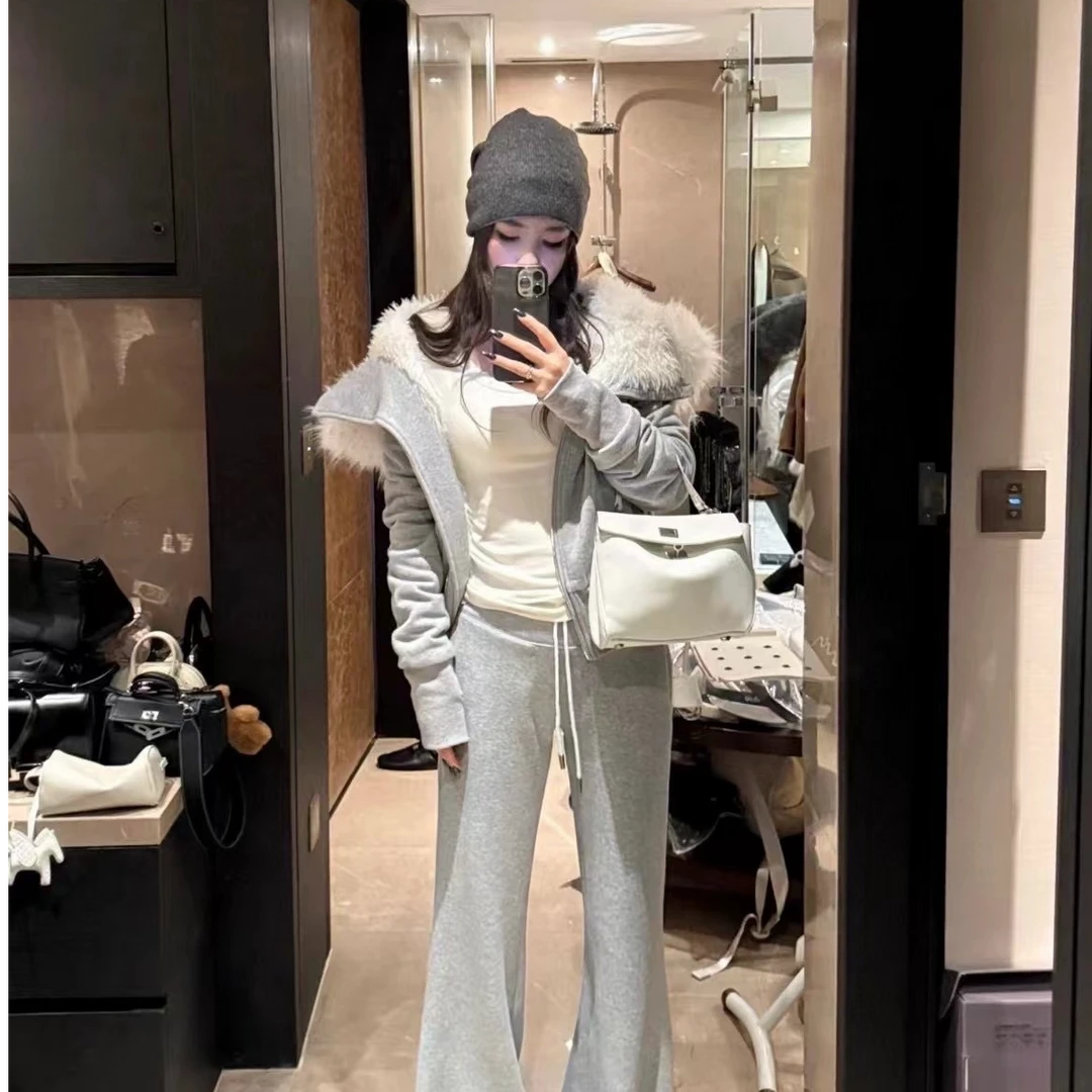 ALin秋冬加绒加厚大毛领短款拉链开衫外套