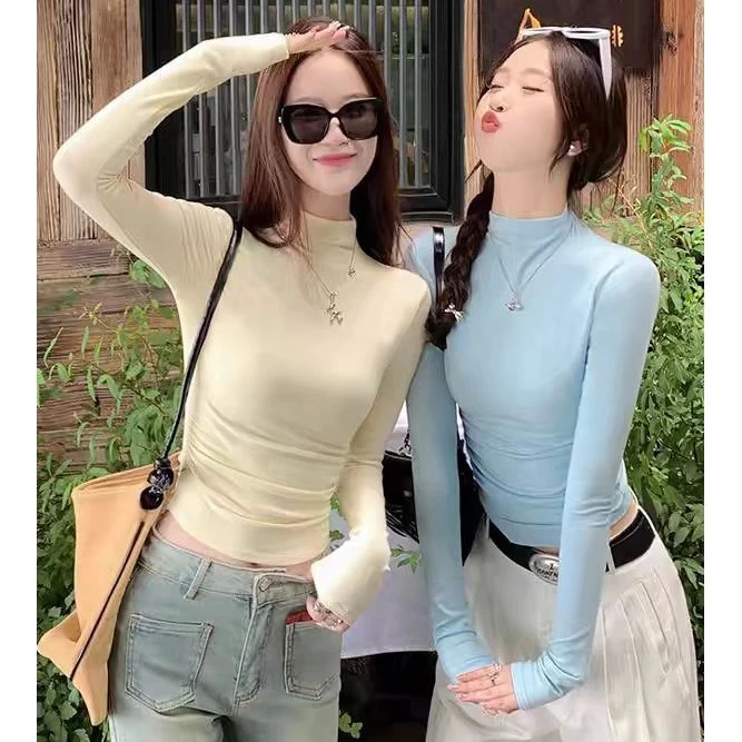 蓝色半高领棉质打底衫女春秋高级感新款内搭修身褶皱上衣紧身显瘦