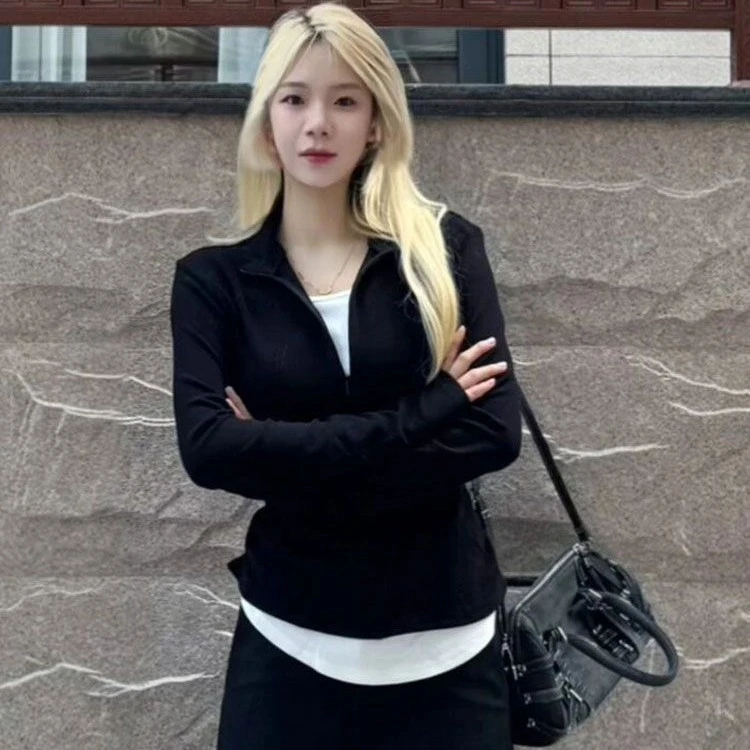 美式辣妹v领假两件长袖打底衫女春秋内搭设计感小众修身上衣Y8420