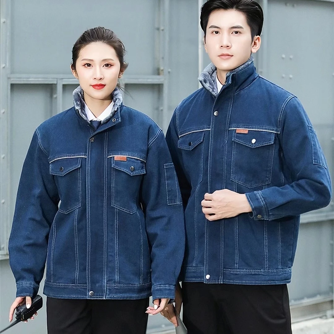 加绒牛仔工作服棉服双层加厚耐磨电焊工作服劳保服工装上衣汽修