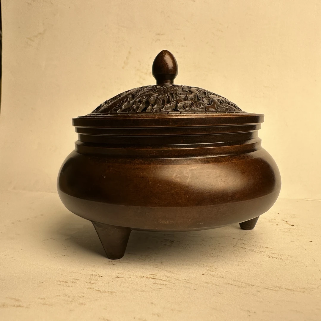 纯铜三足带底款龙凤呈祥龙底炉香炉摆件