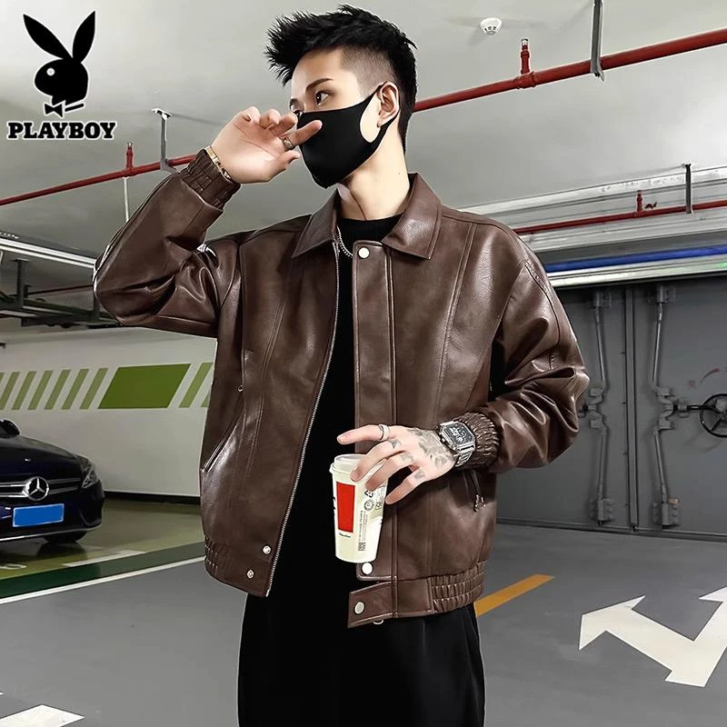 花花公子美拉德皮衣男士冬季加绒痞帅潮流男装机车皮夹克外套男款