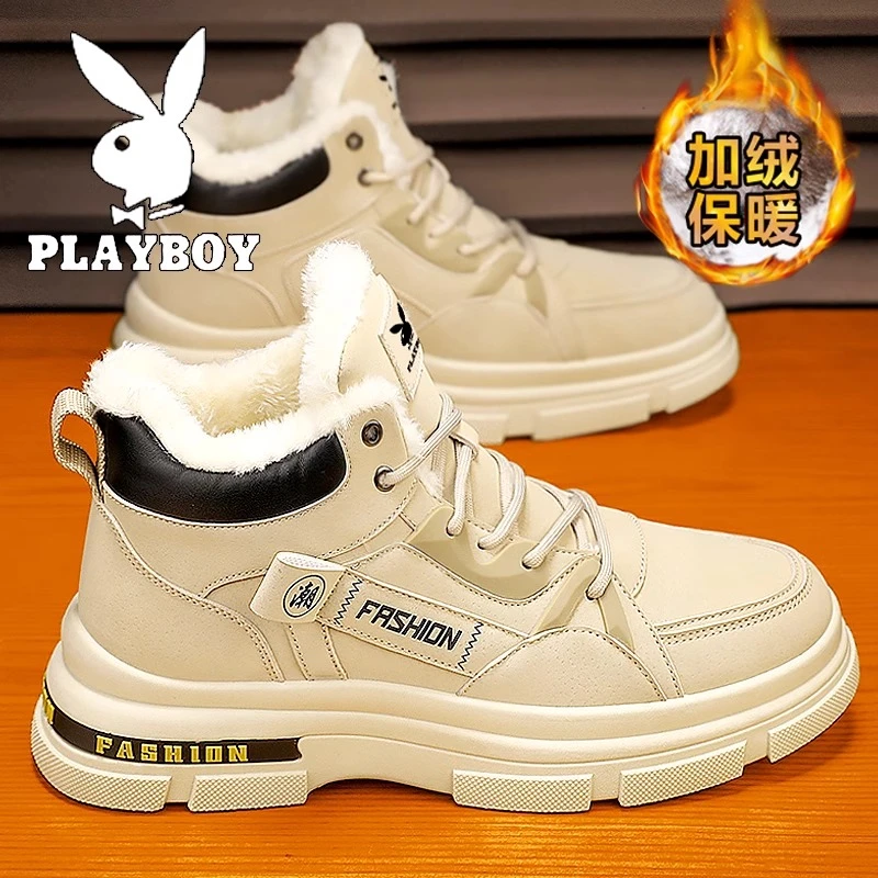 花花公子马丁靴男冬季加绒加厚保暖抗寒高帮棉鞋男士工装雪地棉靴
