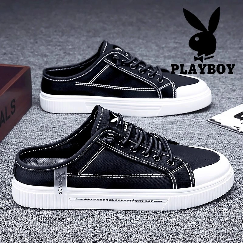 花花公子帆布男鞋夏季透气无后跟懒人一脚蹬休闲板鞋包头半拖布鞋