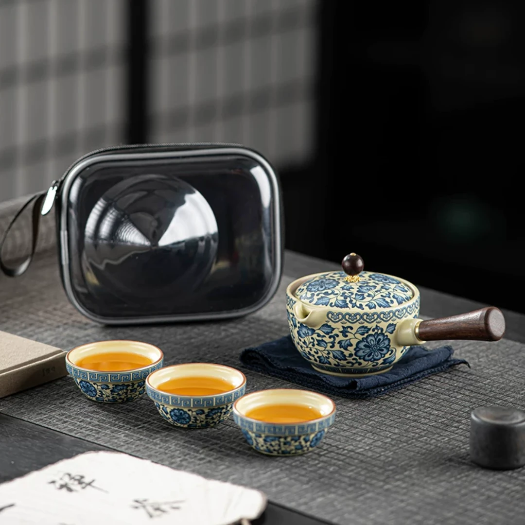 缠枝莲米黄汝窑青花快客杯一壶三杯k0294