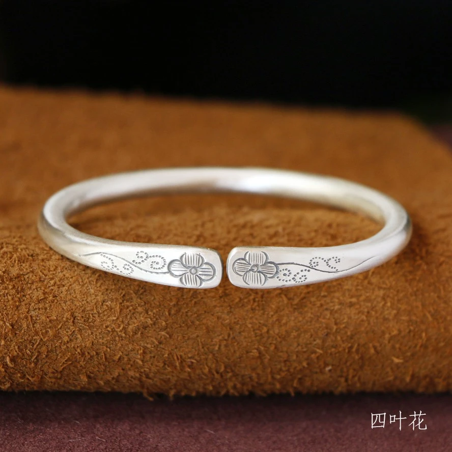 足银手镯 山海银手镯纯手工实心999足银手环女款百搭如意纯银镯子