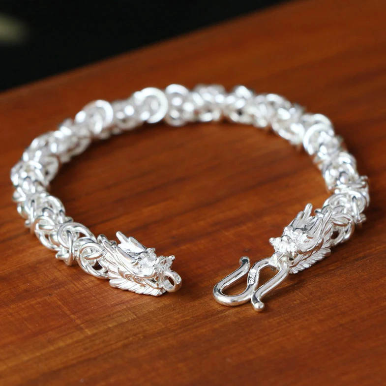 足银手链 龙头银手链龙骨男士潮流个性古巴链潮男款时尚百搭霸气