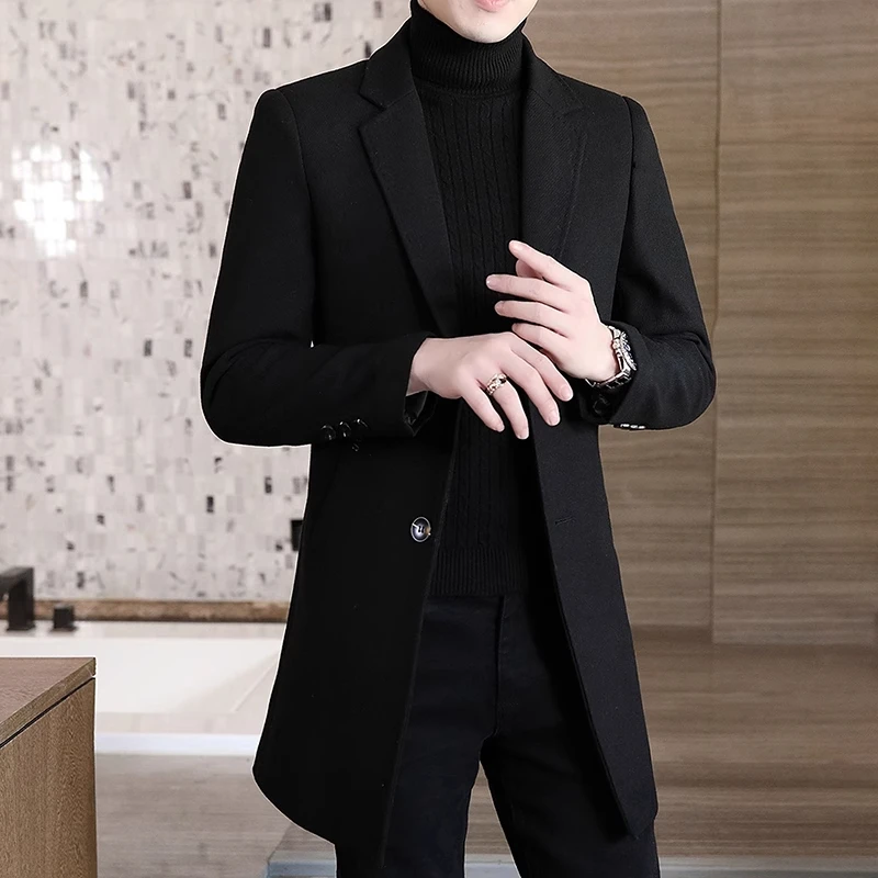 秋冬季新款黑色系列风衣男时尚中长款修身帅气毛呢子大衣男士外套