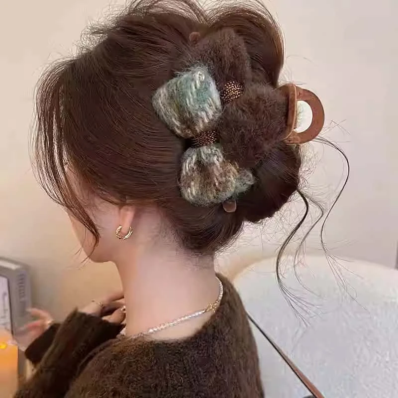 复古毛绒蝴蝶结抓夹大号女AB面发夹2024新款高级感鲨鱼夹夹子发饰
