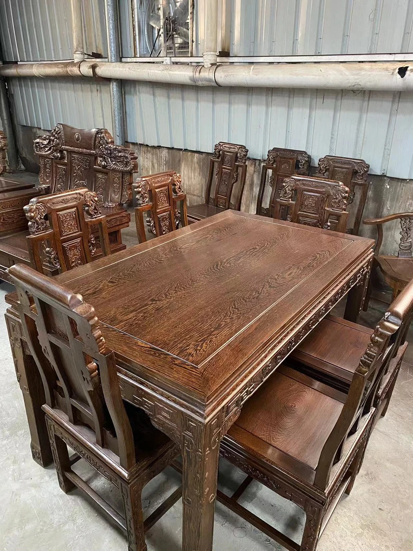 国标红木鸡翅木象头长餐椅吃饭桌豪华雕花餐桌古典纹理原木色主人