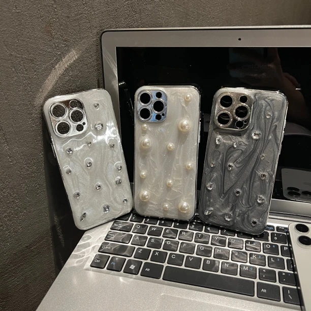 【苹果系列】ins小众高颜值颜料滴胶手工钻珍珠电镀边框全包手机壳