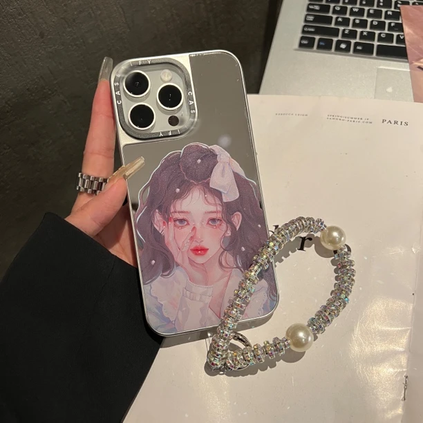 【苹果系列】ins小众高颜值漫画女孩镜面壳锆石珍珠手拎链条苹果15