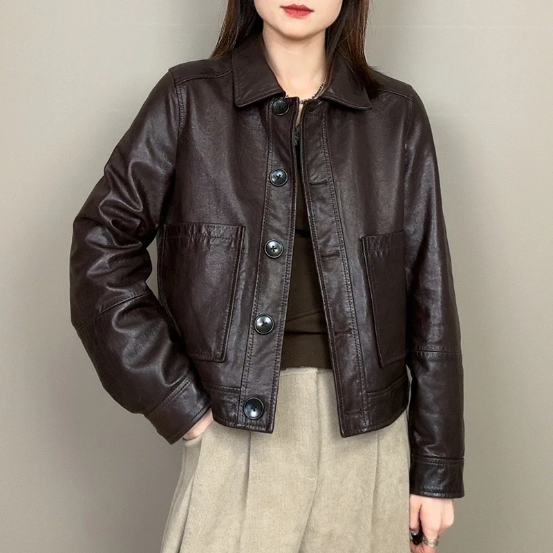 CJ真皮皮衣女短款绵羊皮单排扣口袋皮夹克油蜡皮外套JL2505