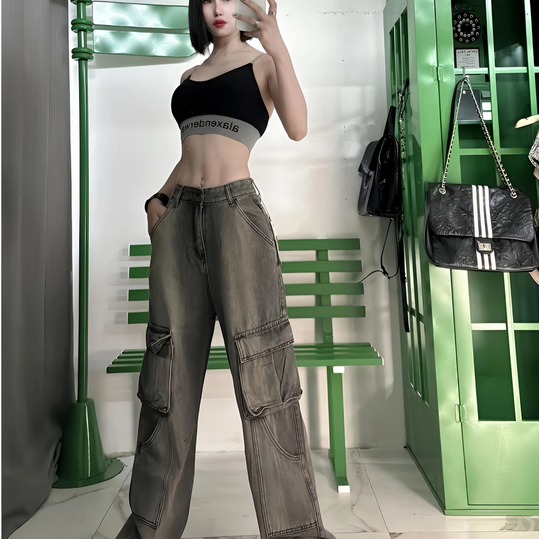 【宋昭瑶1】复古水洗做旧阔腿工装牛仔裤 裤长100